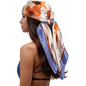 Women's Blue/Orange Head Scarf Like Silk Printed Square Hair Bandanas 35 Inches